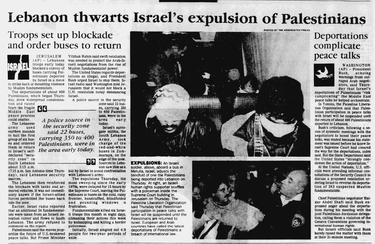 Lebanon thwarts Israel’s expulsion of Palestinians — San Antonio Light, 18 December 1992