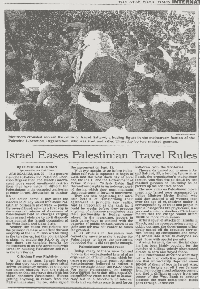Israel Eases Palestinian Travel Rules &mdash; The New York Times, 23 October 1993