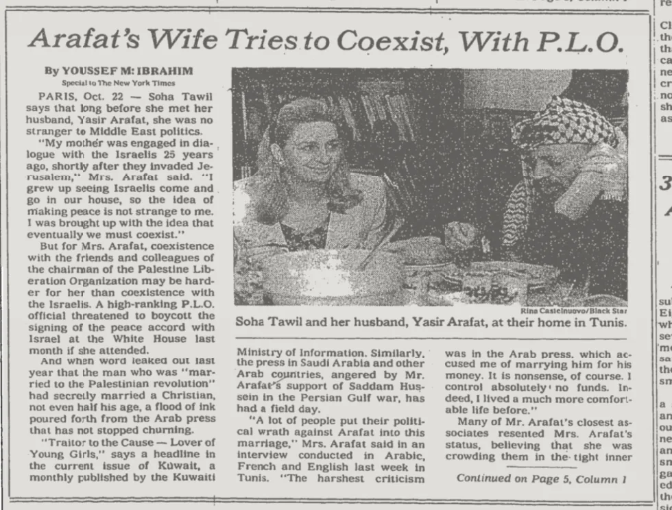 Arafat’s Wife Tries to Coexist, With P.L.O. — The New York Times, 23 October 1993