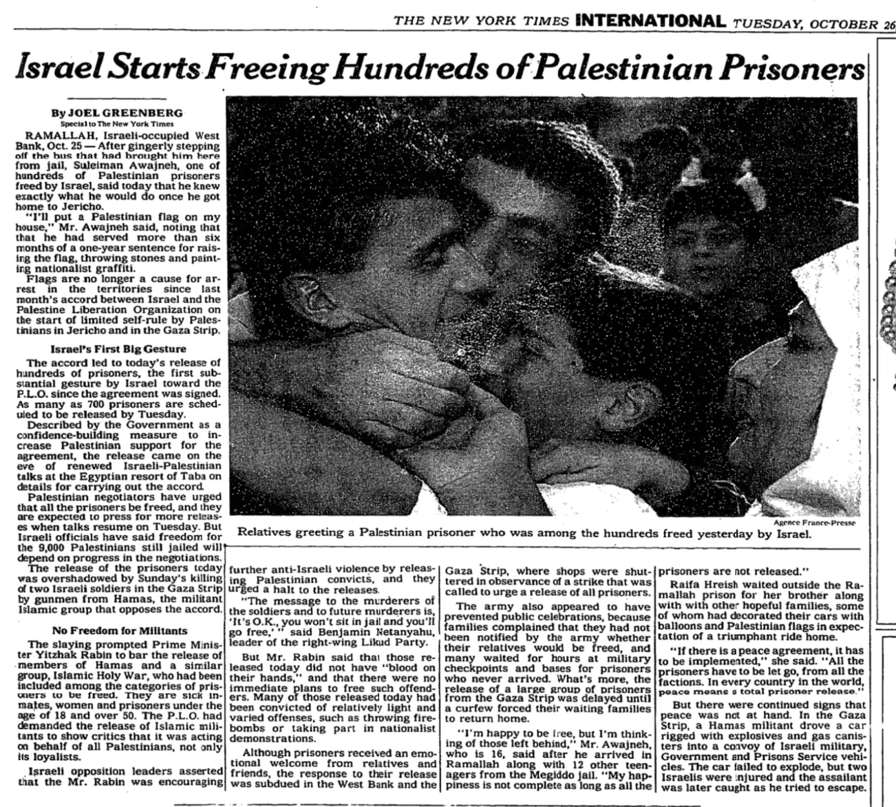 Israel Starts Freeing Hundreds of Palestinian Prisoners — The New York Times, 26 October 1993