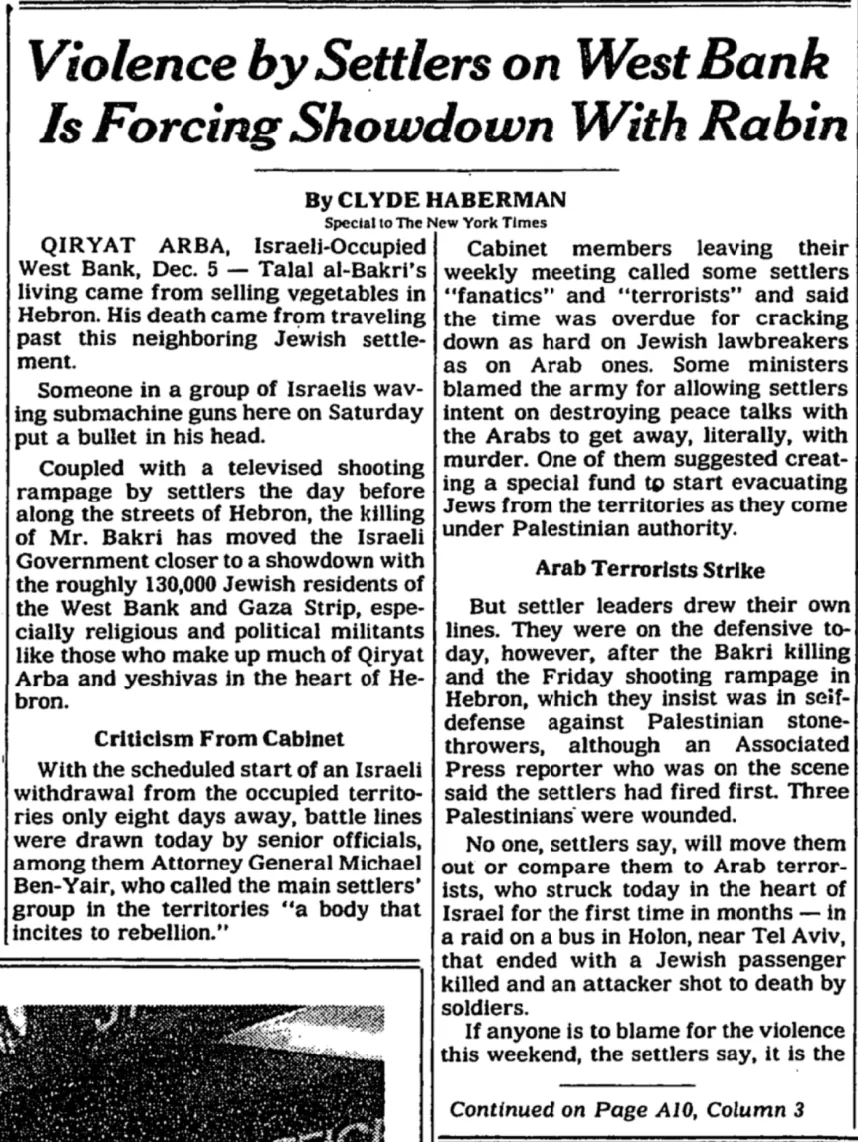 Violence by Settlers on West Bank Is Forcing Showdown With Rabin &mdash; The New York Times, 6 December 1993