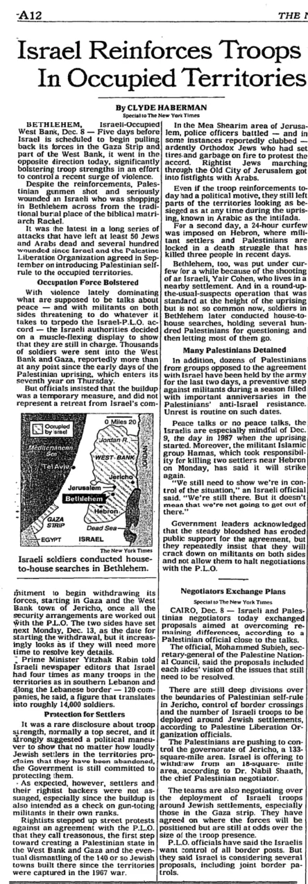 Israel Reinforces Troops In Occupied Territories &mdash; The New York Times, 9 December 1993