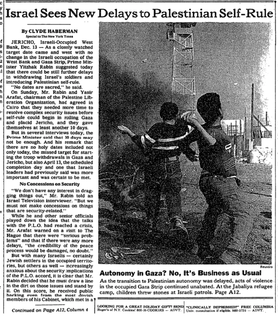 Israel Sees New Delays to Palestinian Self-Rule &mdash; The New York Times, 14 December 1993