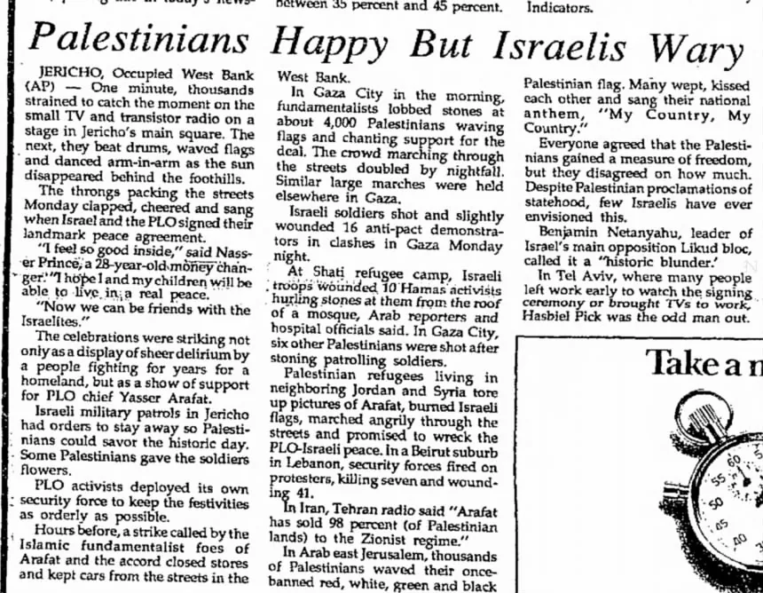 Palestinians Happy But Israelis Wary &mdash; The Daily News, 14 September 1993