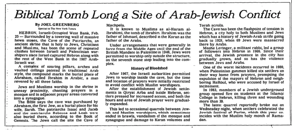 Biblical Tomb Long a Site of Arab-Jewish Conflict &mdash; New York Times, 26 February 1994