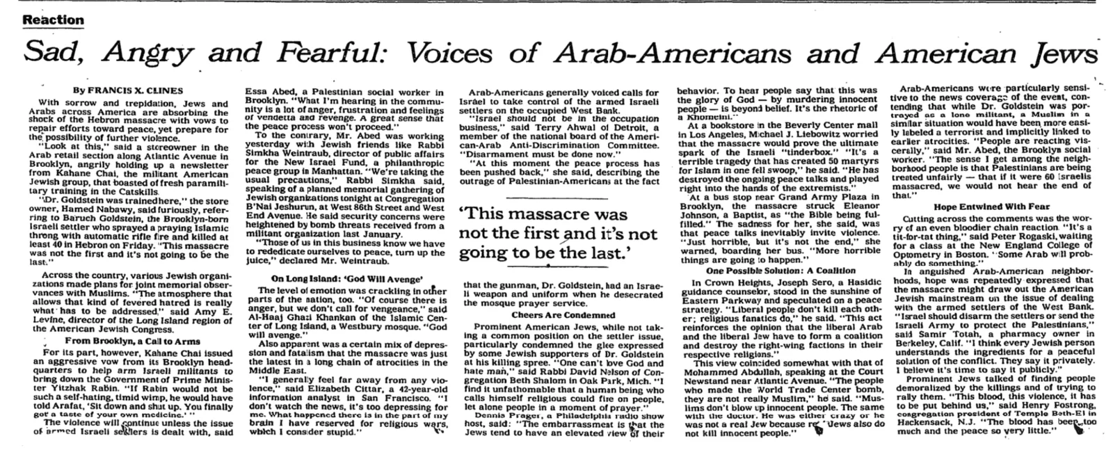 Sad, Angry and Fearful: Voices of Arab-Americans and American Jews &mdash; New York Times, 1 March 1994