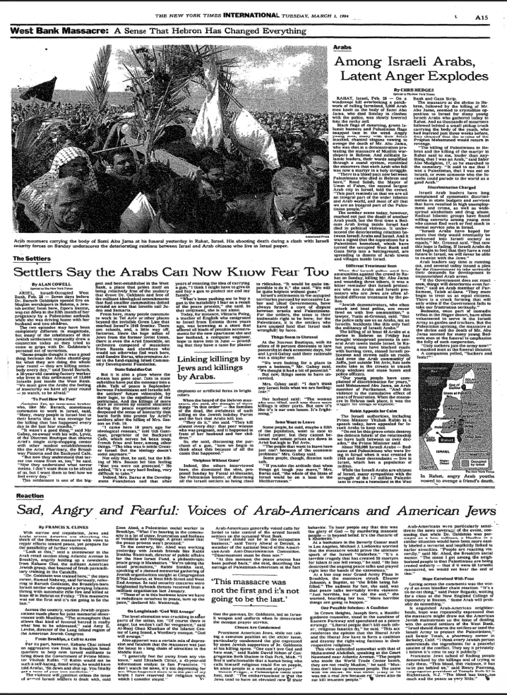 Sense That Hebron Has Changed Everything — New York Times, 1 March 1994