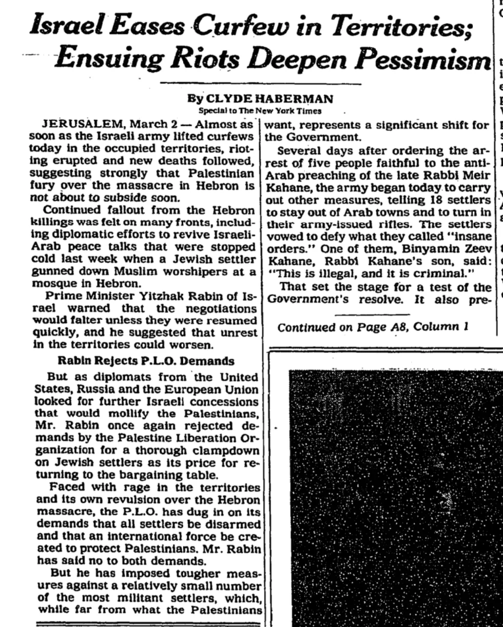 Israel Eases Curfew in Territories; Ensuing Riots Deepen Pessimism &mdash; The New York Times, 3 March 1994