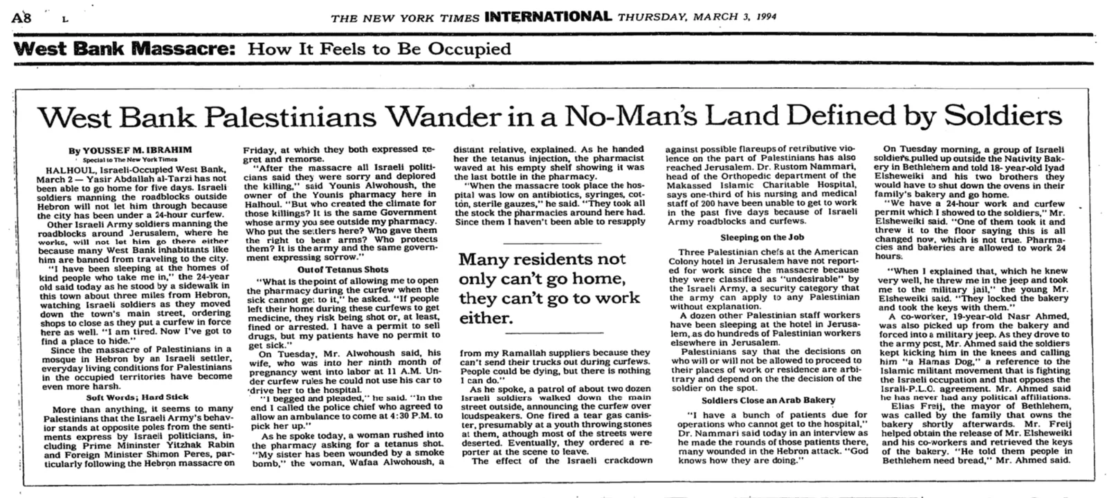 West Bank Palestinians Wander in a No-Man’s Land Defined by Soldiers &mdash; The New York Times, 3 March 1994