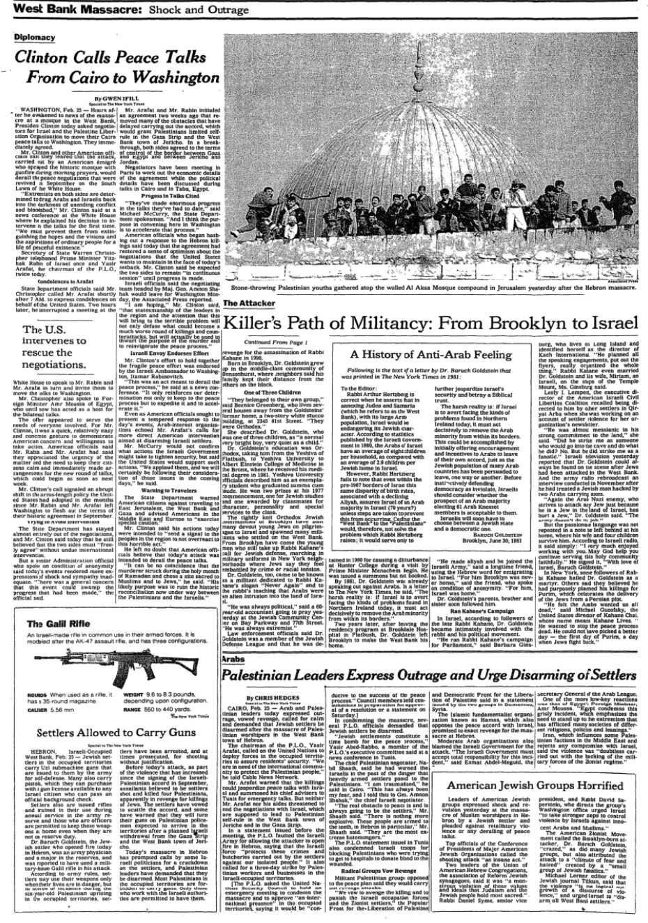 Killer’s Path of Militancy: From Brooklyn to Israel &mdash; New York Times, 26 February 1994