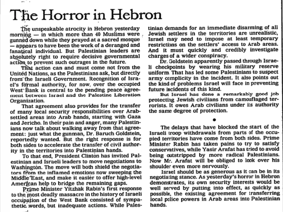The Horror in Hebron &mdash; New York Times, 26 February 1994