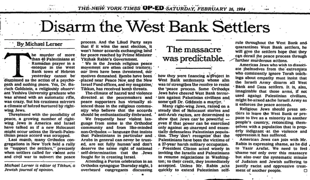 Disarm the West Bank Settlers &mdash; New York Times, 26 February 1994