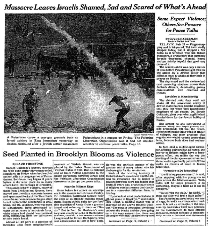Massacre Leaves Israelis Shamed, Sad and Scared of What’s Ahead &mdash; New York Times, 27 February 1994