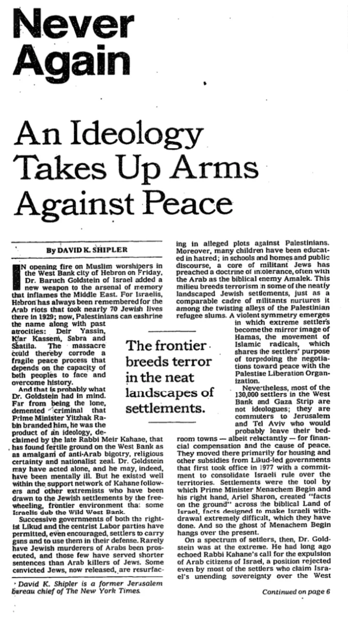 Never Again: An Ideology Takes Up Arms Against Peace — New York Times, 27 February 1994