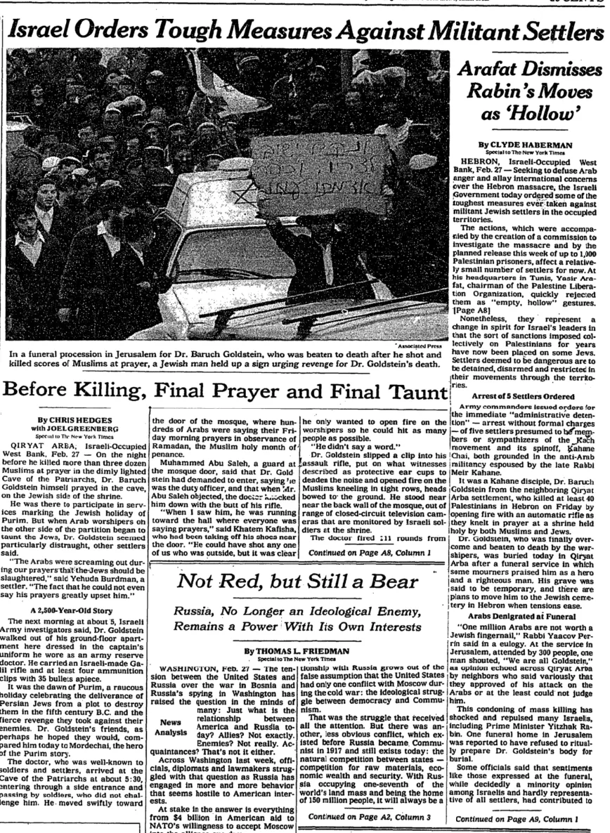 Israel Orders Tough Measures Against Militant Settlers &mdash; New York Times, 28 February 1994