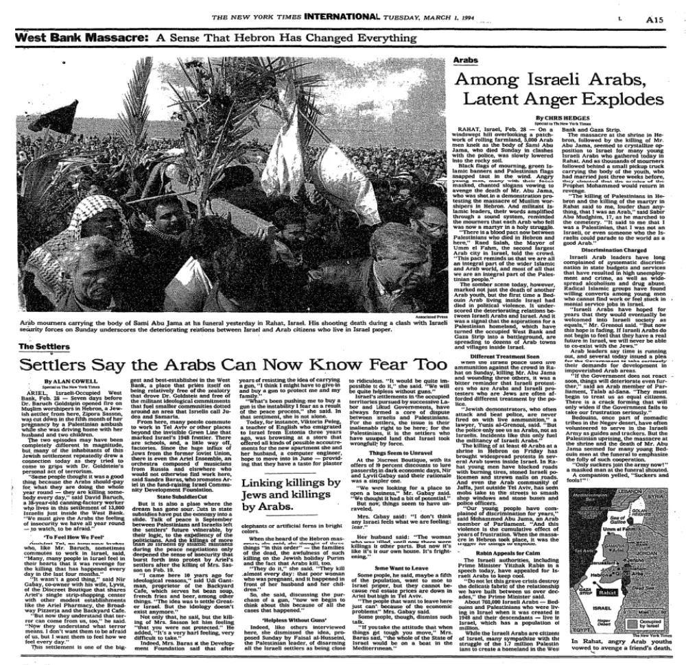 Among Israeli Arabs, Latent Anger Explodes &mdash; New York Times, 1 March 1994