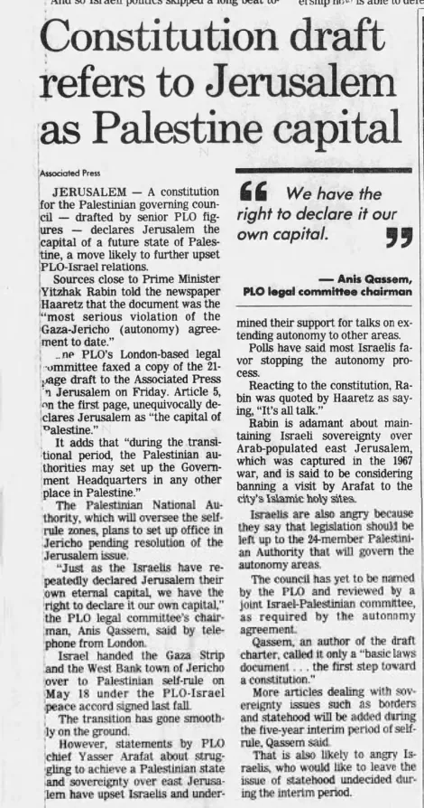 Constitution draft refers to Jerusalem as Palestine capital — San Antonio Express-News, 28 May 1994