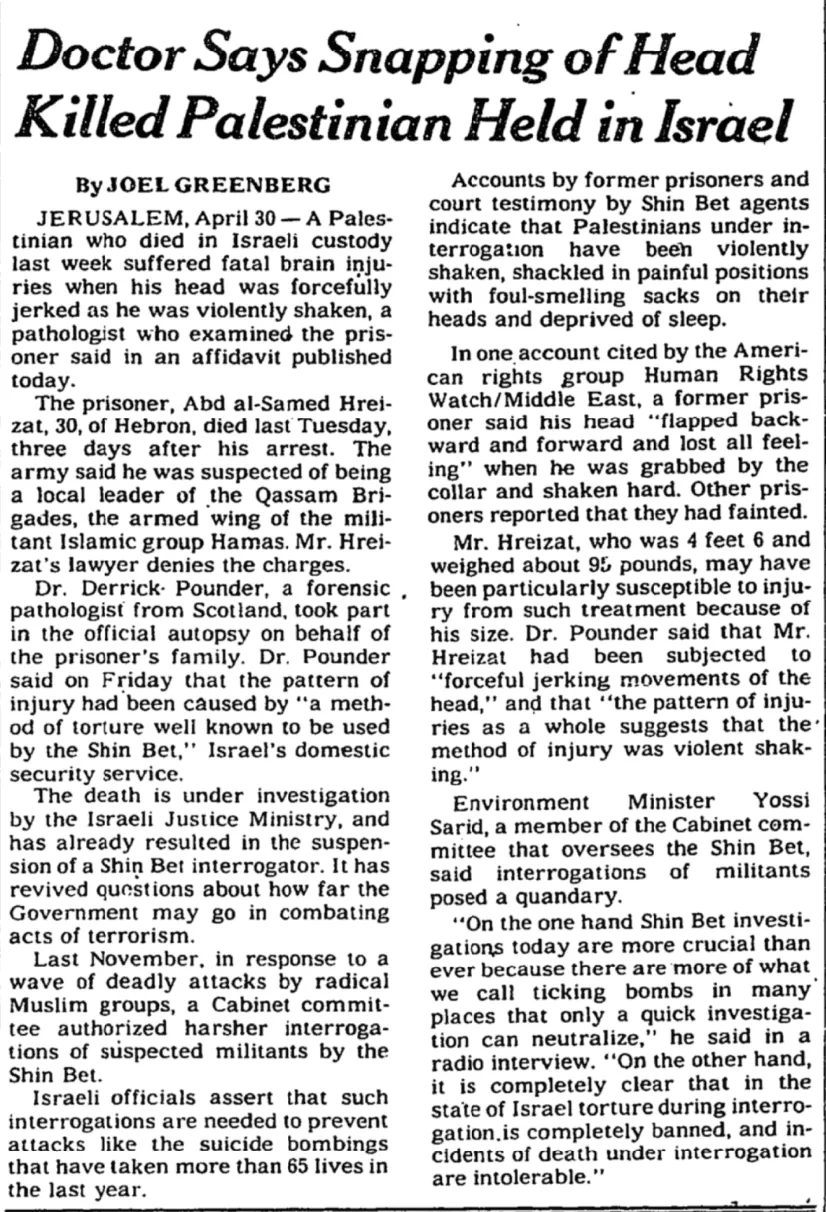 Doctor Says Snapping of Head Killed Palestinian Held in Israel &mdash; The New York Times, 1 May 1995