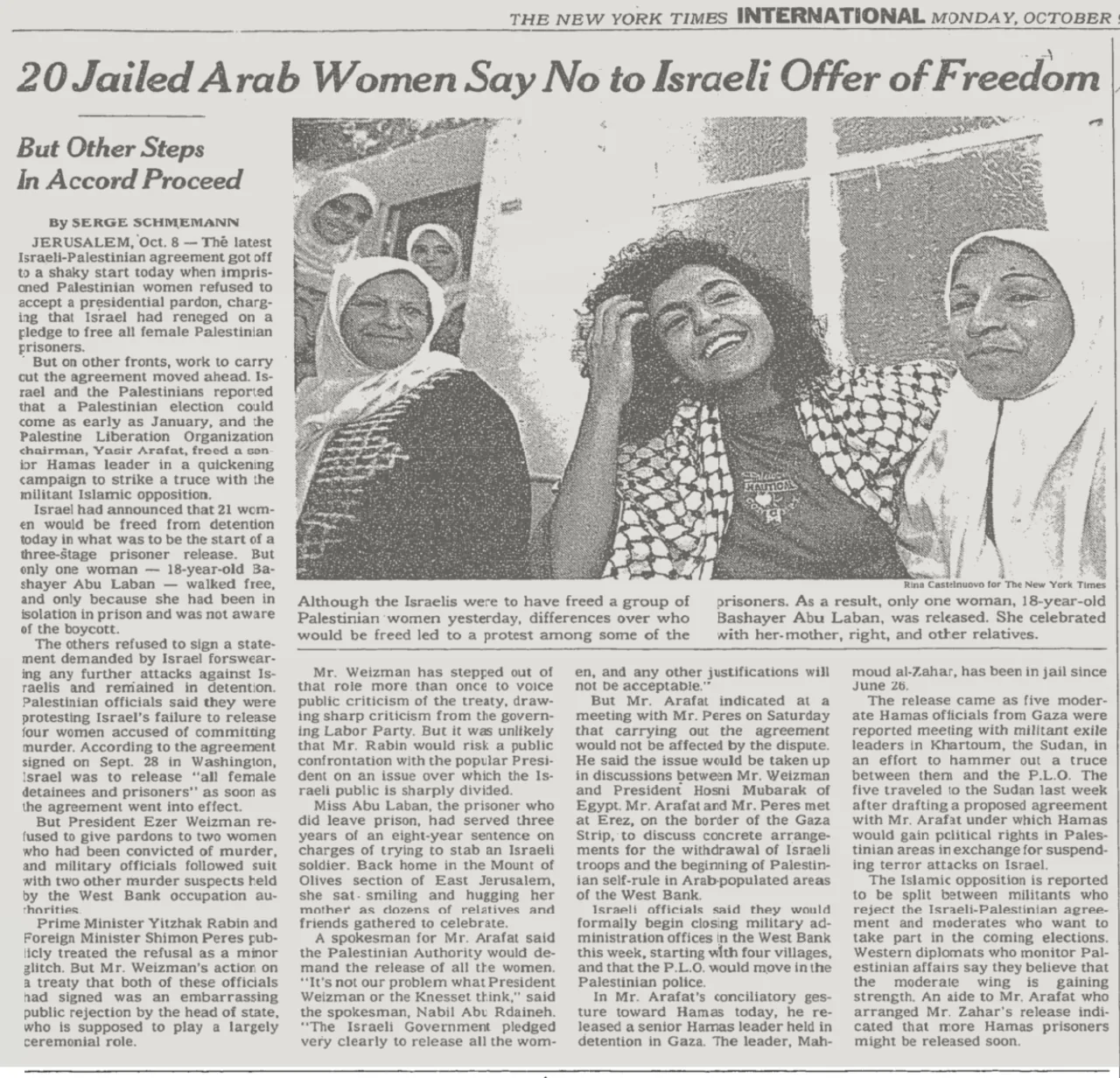 20 Jailed Arab Women Say No to Israeli Offer of Freedom &mdash; The New York Times, 9 October 1995