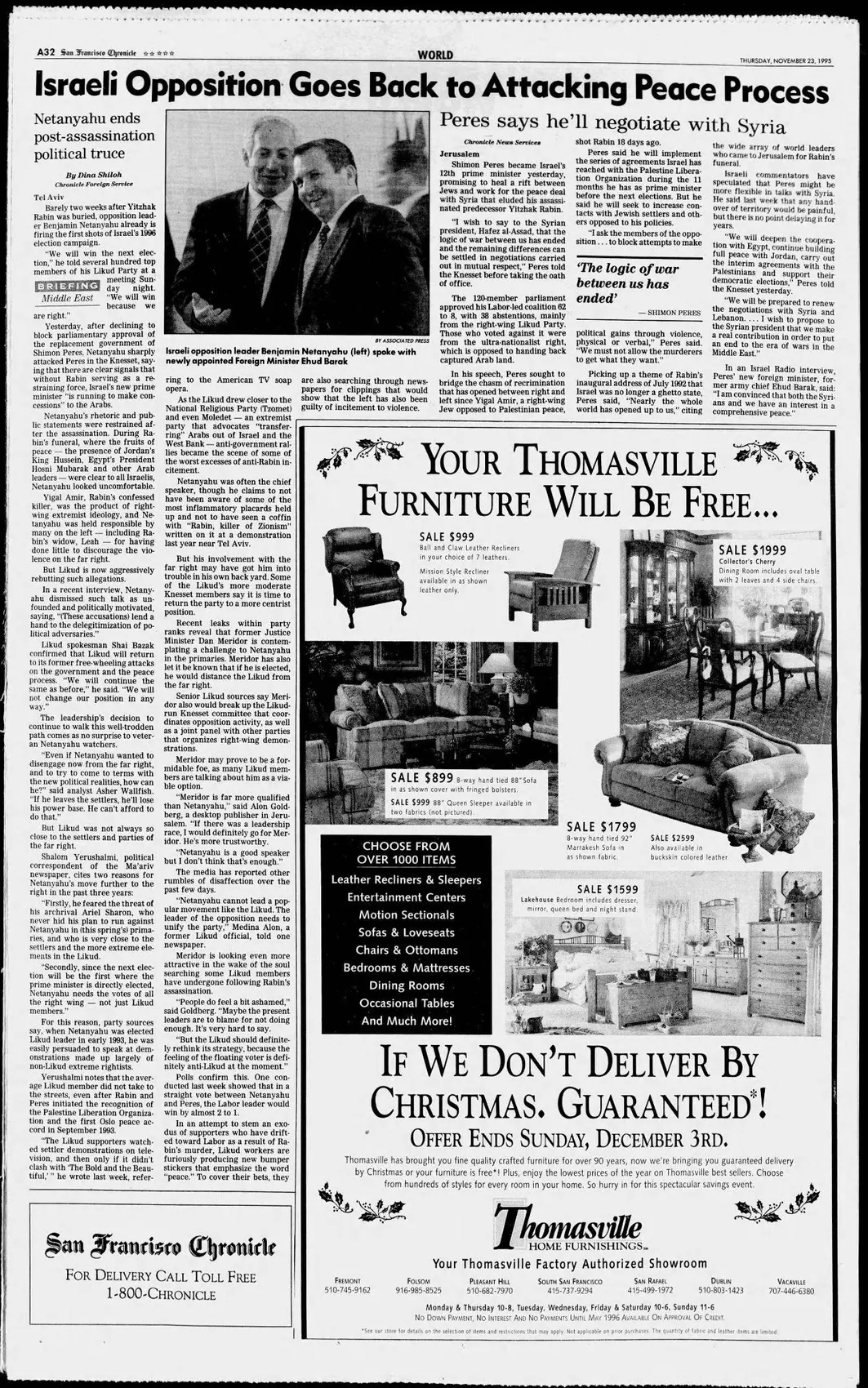 Israeli Opposition Goes Back to Attacking Peace Process — San Francisco Chronicle, 23 November 1995