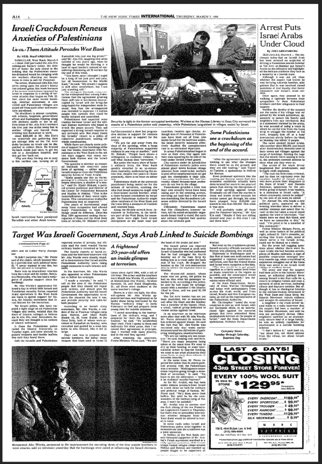 Arrest Puts Israel Arabs Under Cloud &mdash; New York Times, 7 March 1996