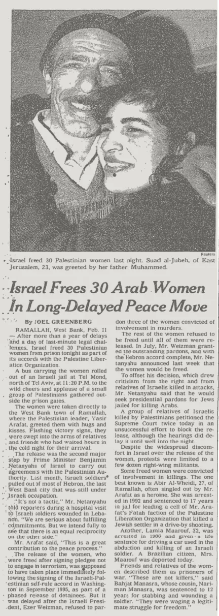 Israel Frees 30 Arab Women In Long-Delayed Peace Move &mdash; The New York Times, 12 February 1997