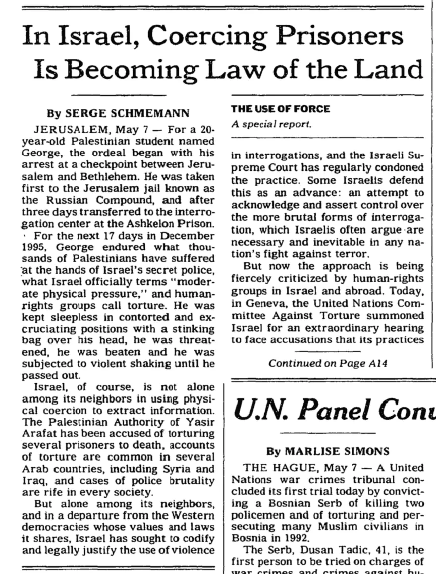 In Israel, Coercing Prisoners Is Becoming Law of the Land &mdash; New York Times, 8 May 1997