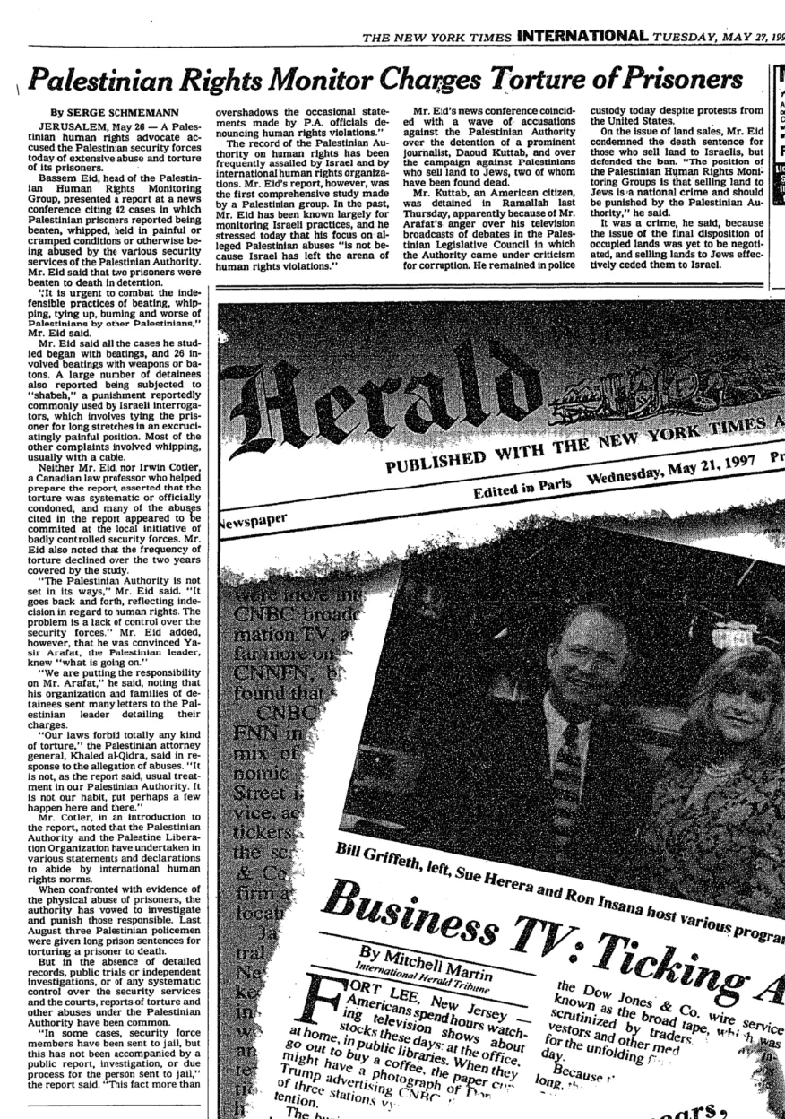 Palestinian Rights Monitor Charges Torture of Prisoners &mdash; New York Times, 27 May 1997