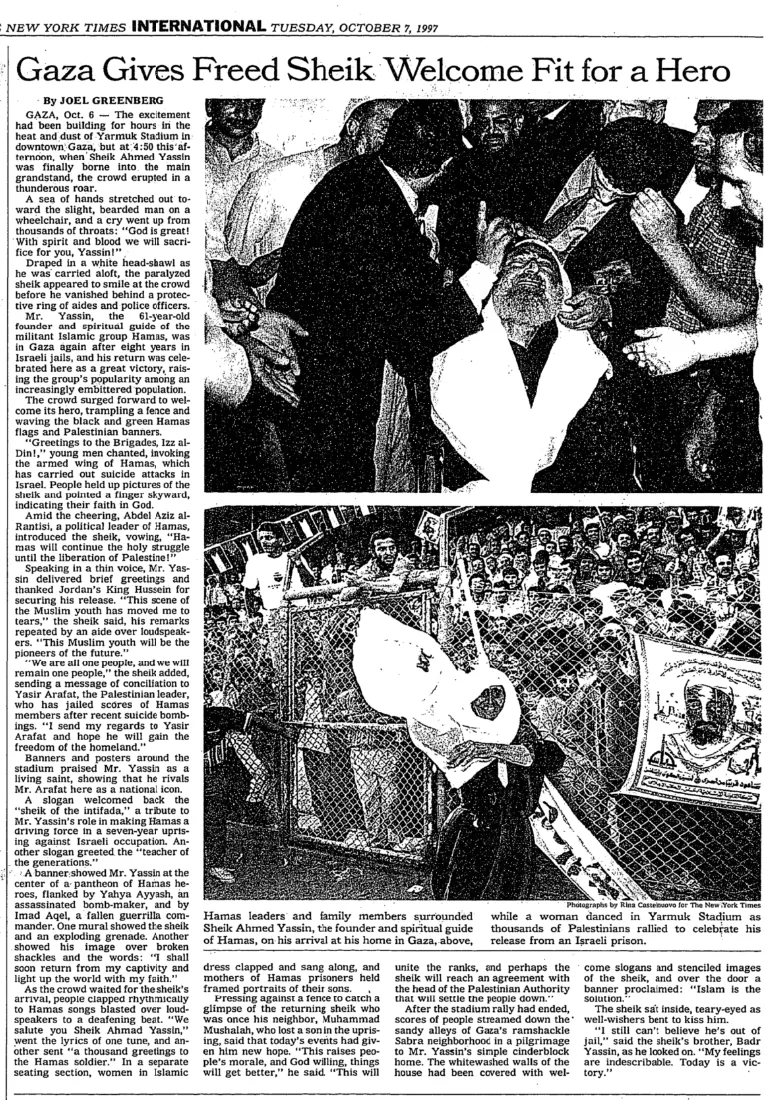 Gaza Gives Freed Sheik Welcome Fit for a Hero &mdash; The New York Times, 7 October 1997