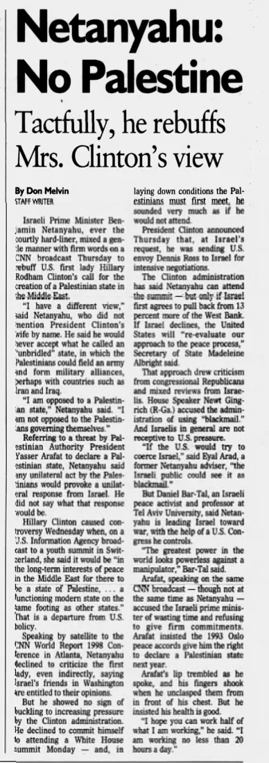 Netanyahu: No Palestine — The Atlanta Constitution, 8 May 1998