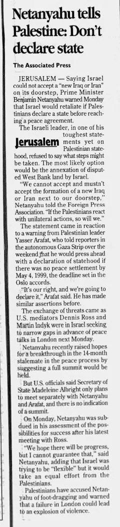 Netanyahu tells Palestine: Don’t declare state — The Herald, 28 April 1998