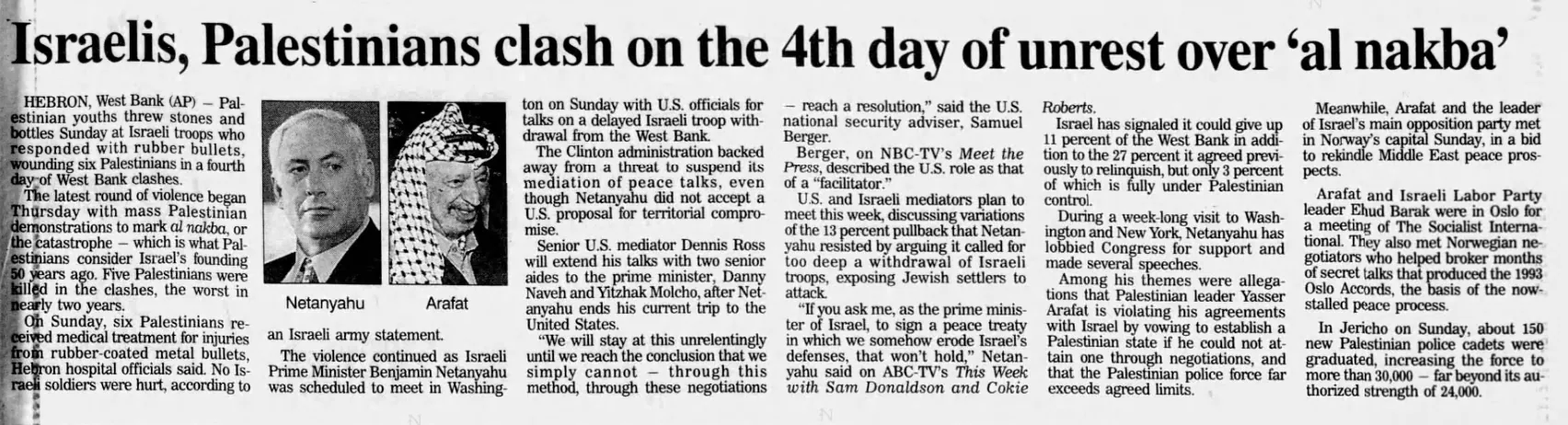 Israelis, Palestinians clash on the 4th day of unrest over ‘al nakba’ — Houston Chronicle, 18 May 1998