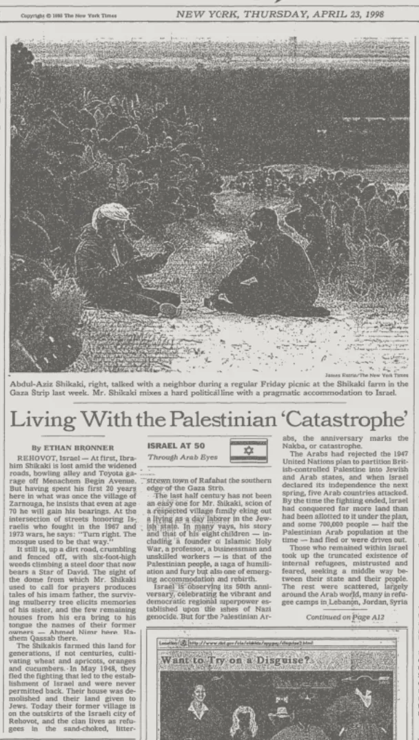 Living With the Palestinian ‘Catastrophe’ &mdash; The New York Times, 23 April 1998