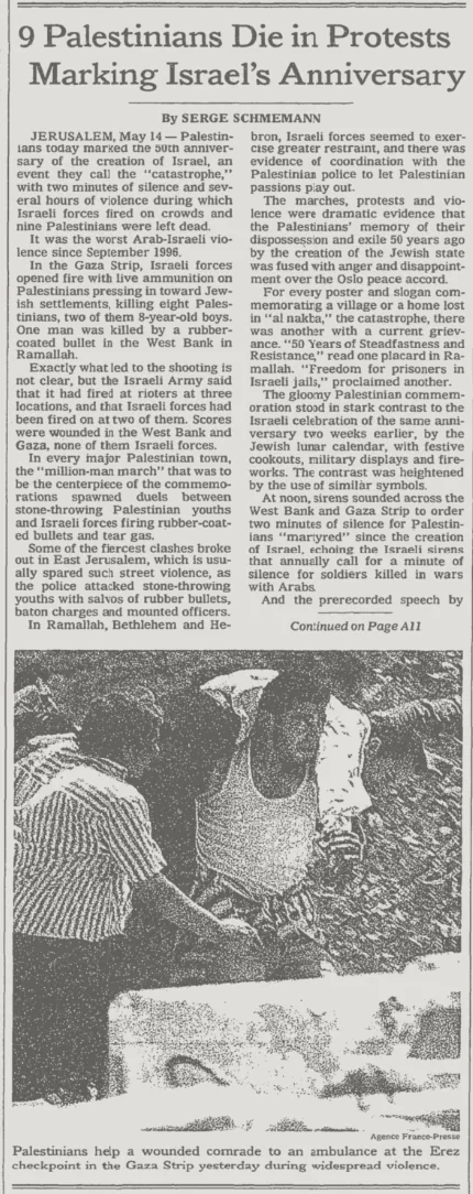 9 Palestinians Die in Protests Marking Israel’s Anniversary &mdash; The New York Times, 15 May 1998