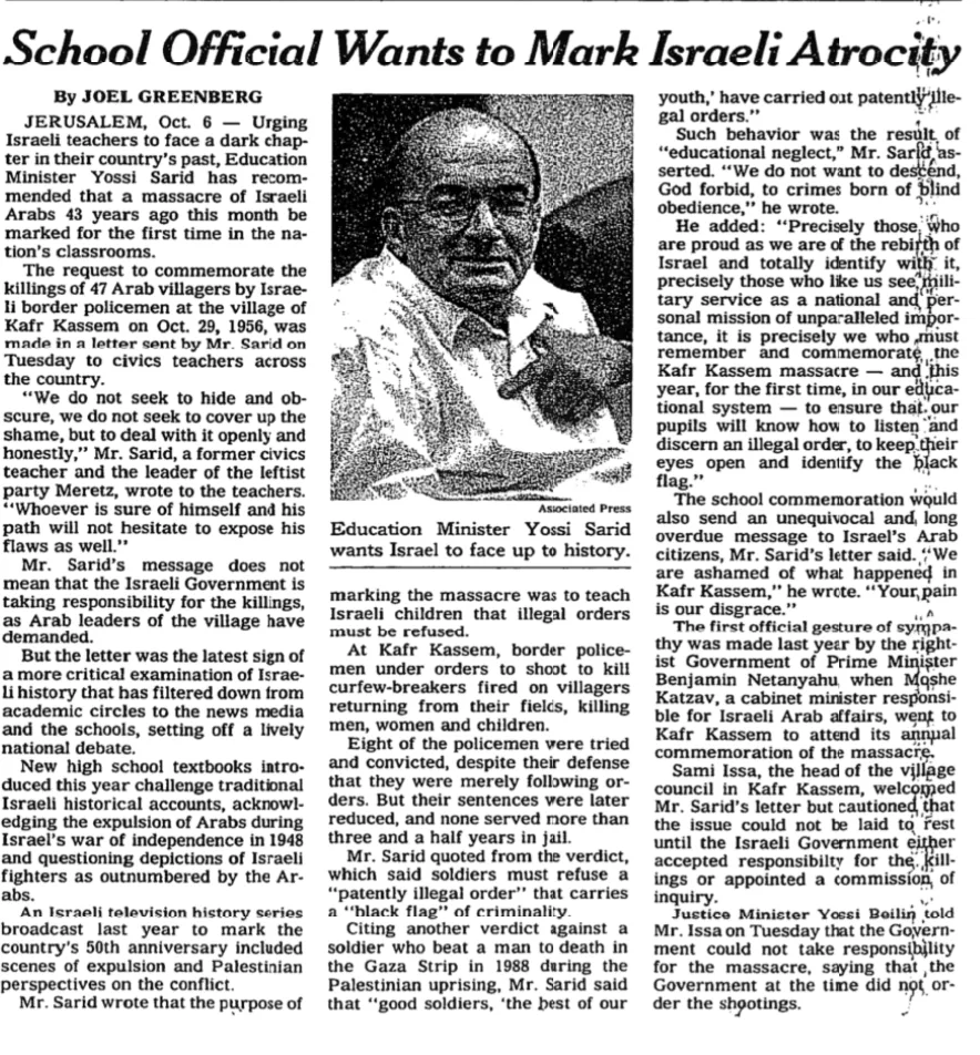 School Official Wants to Mark Israeli Atrocity &mdash; New York Times, 7 October 1999