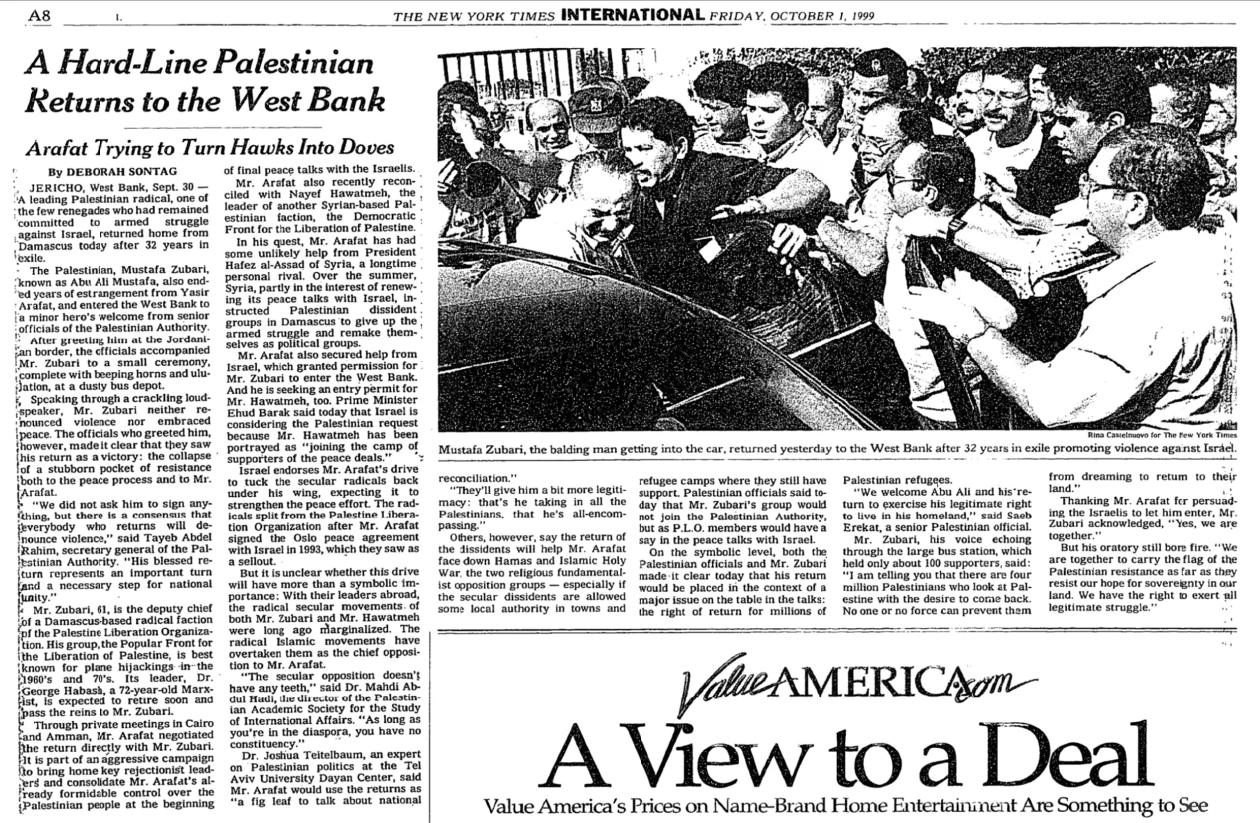 A Hard-Line Palestinian Returns to the West Bank &mdash; The New York Times, 1 October 1999