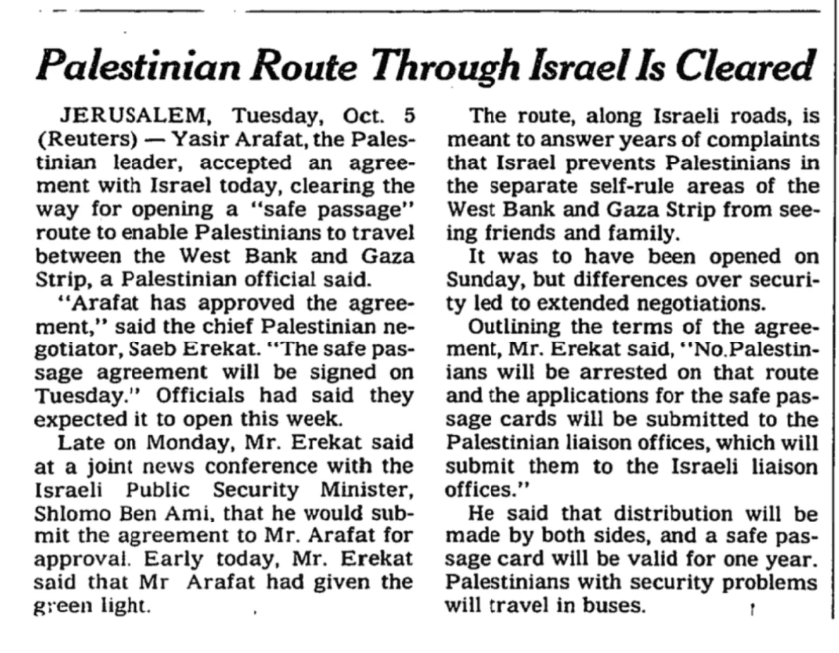 Palestinian Route Through Israel Is Cleared &mdash; The New York Times, 5 October 1999