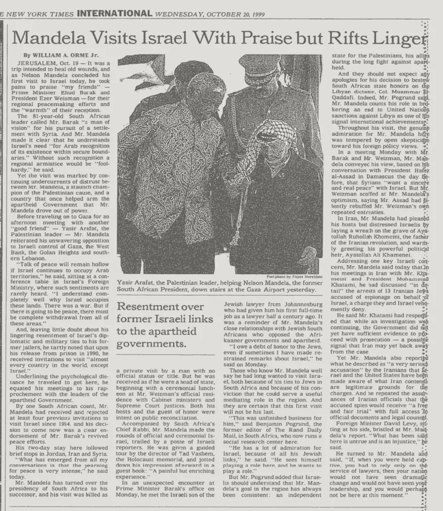 Mandela Visits Israel With Praise but Rifts Linger &mdash; The New York Times, 20 October 1999