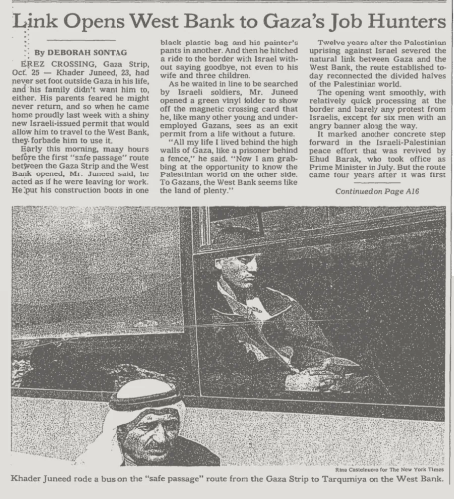 Link Opens West Bank to Gaza's Job Hunters &mdash; The New York Times, 26 October 1999