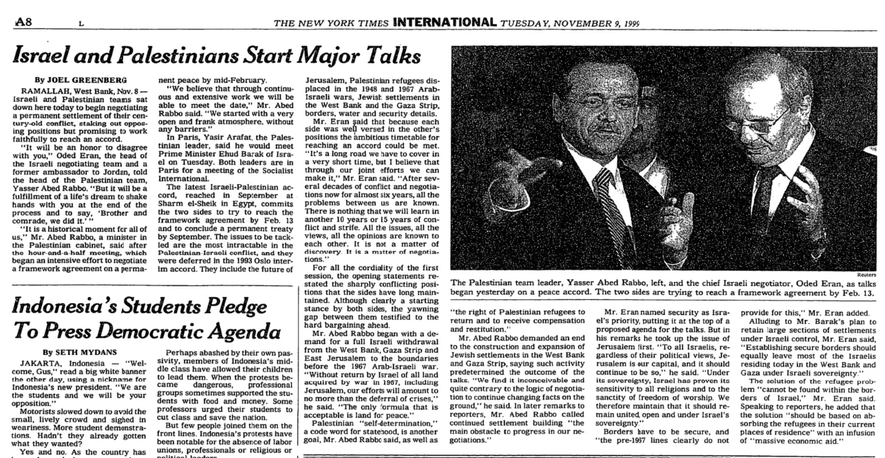 Israel and Palestinians Start Major Talks &mdash; The New York Times, 9 November 1999