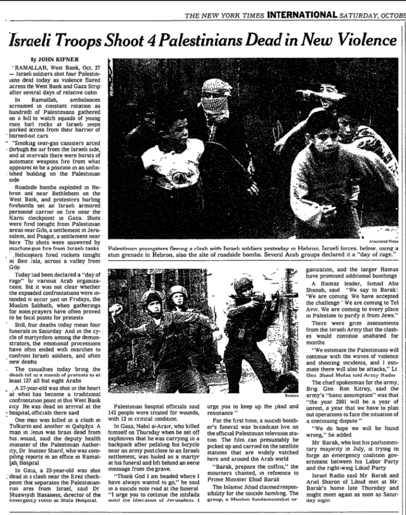 Israeli Troops Shoot 4 Palestinians Dead in New Violence &mdash; The New York Times, 28 October 2000