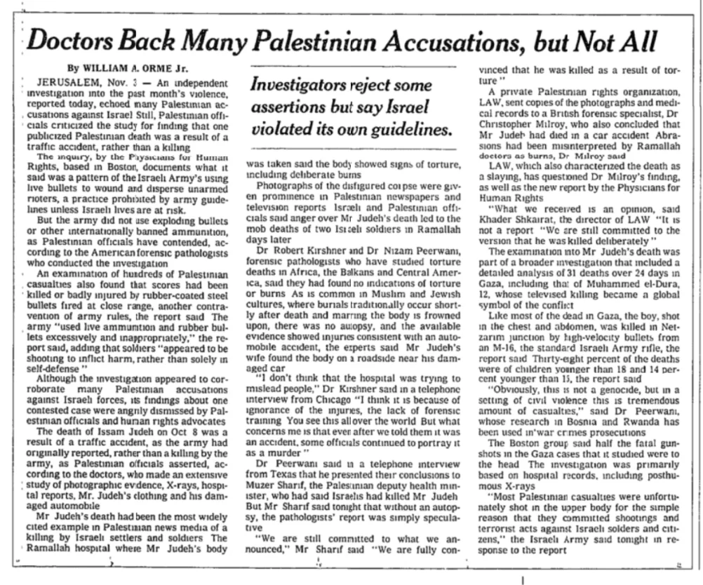 Doctors Back Many Palestinian Accusations, but Not All &mdash; The New York Times, 4 November 2000