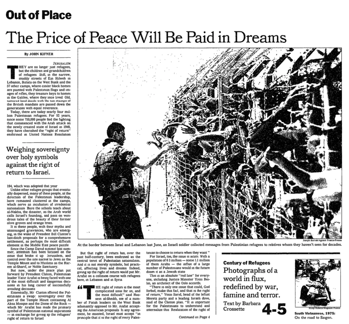 The Price of Peace Will Be Paid in Dreams &mdash; The New York Times, 31 December 2000
