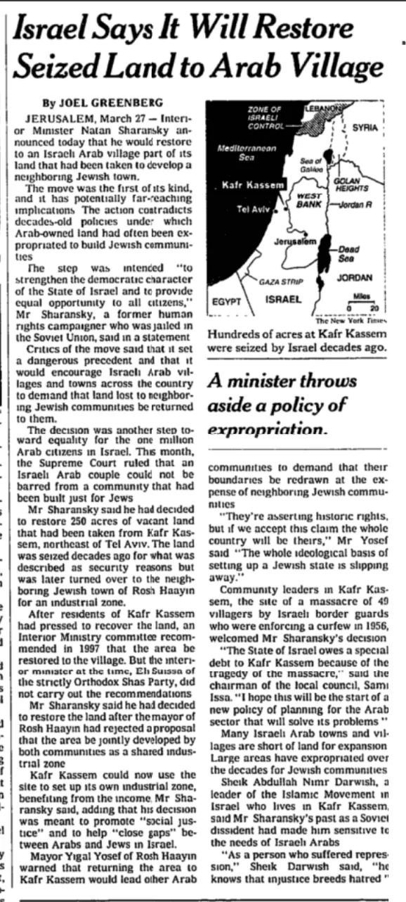 Israel Says It Will Restore Seized Land to Arab Village &mdash; New York Times, 28 March 2000