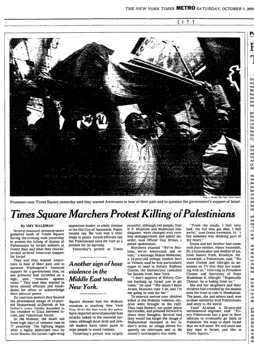 Times Square Marchers Protest Killing of Palestinians &mdash; The New York Times, 7 October 2000