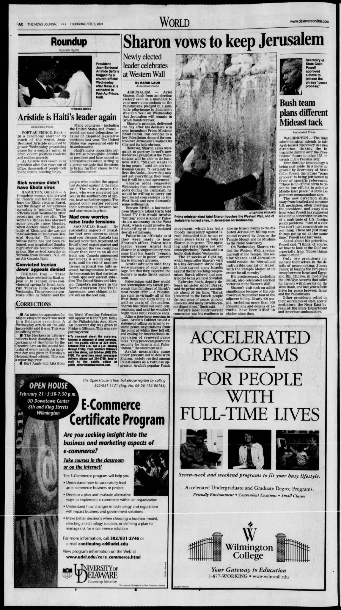 Bush team plans different Mideast tack &mdash; The News Journal, 8 February 2001