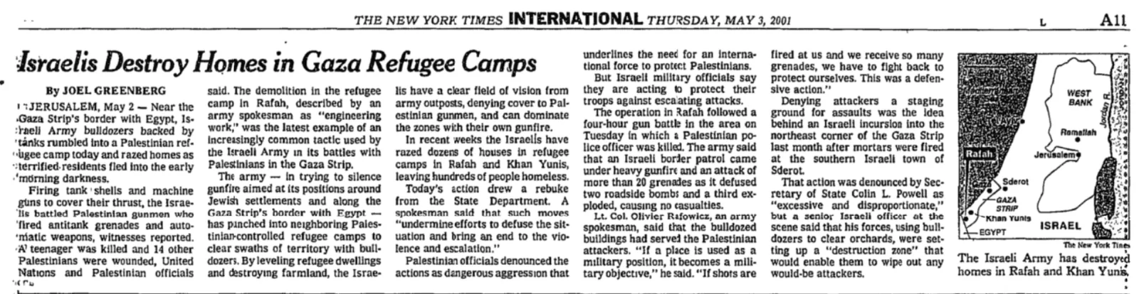 Israelis Destroy Homes in Gaza Refugee Camps &mdash; The New York Times, 3 May 2001