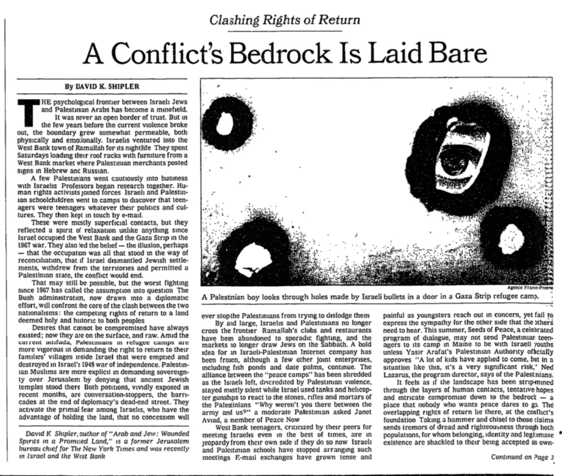 A Conflict’s Bedrock Is Laid Bare — The New York Times, 27 May 2001