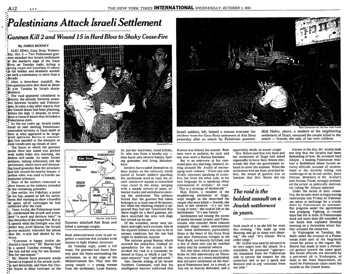 Palestinians Attack Israeli Settlement &mdash; The New York Times, 3 October 2001