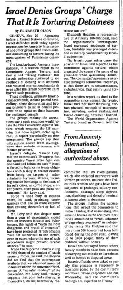 Israel Denies Groups’ Charge That It Is Torturing Detainees &mdash; New York Times, 21 November 2001